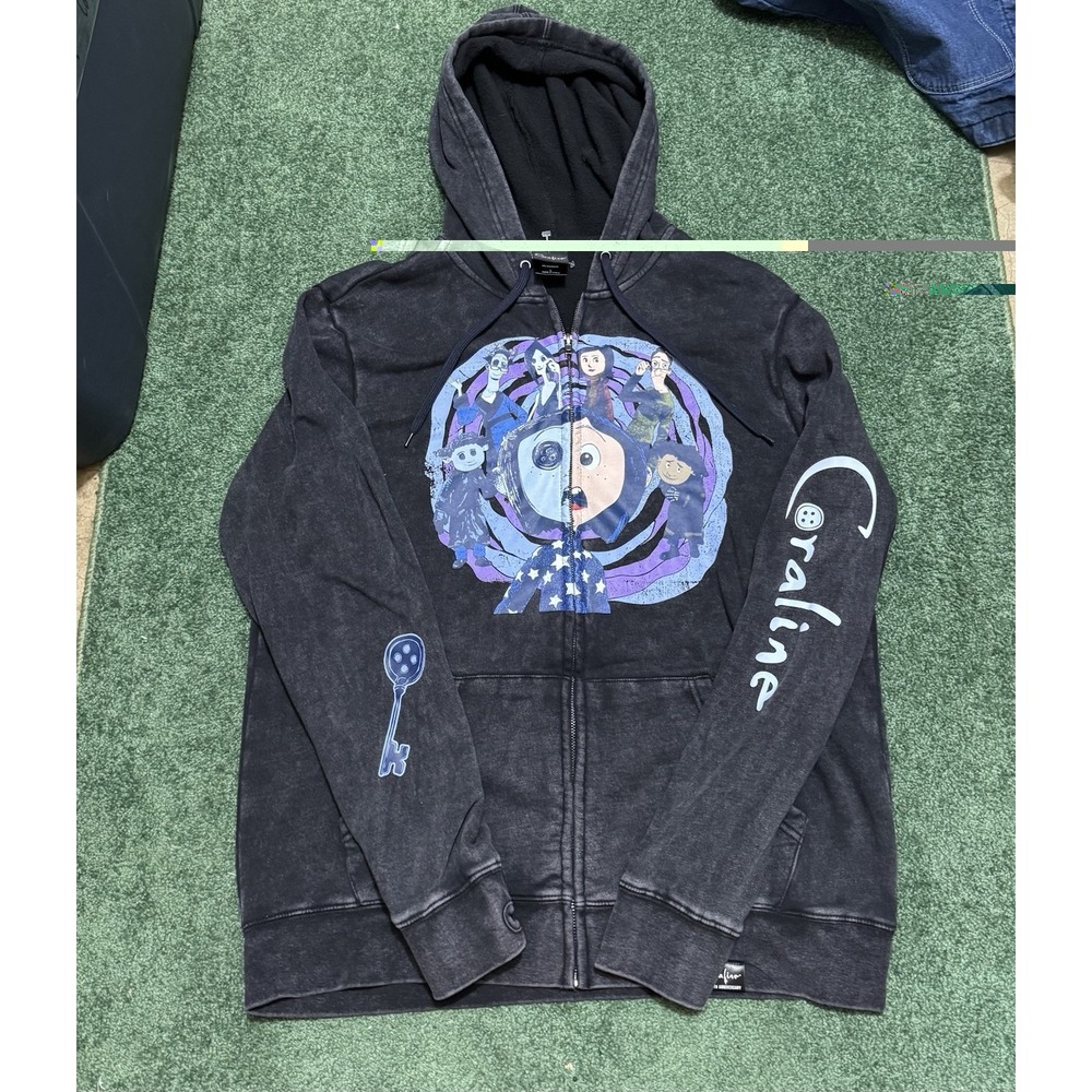 Coraline Zip Up Hoodie Adult Size Large Gray Mineral Wash Two Worlds Hot Topic